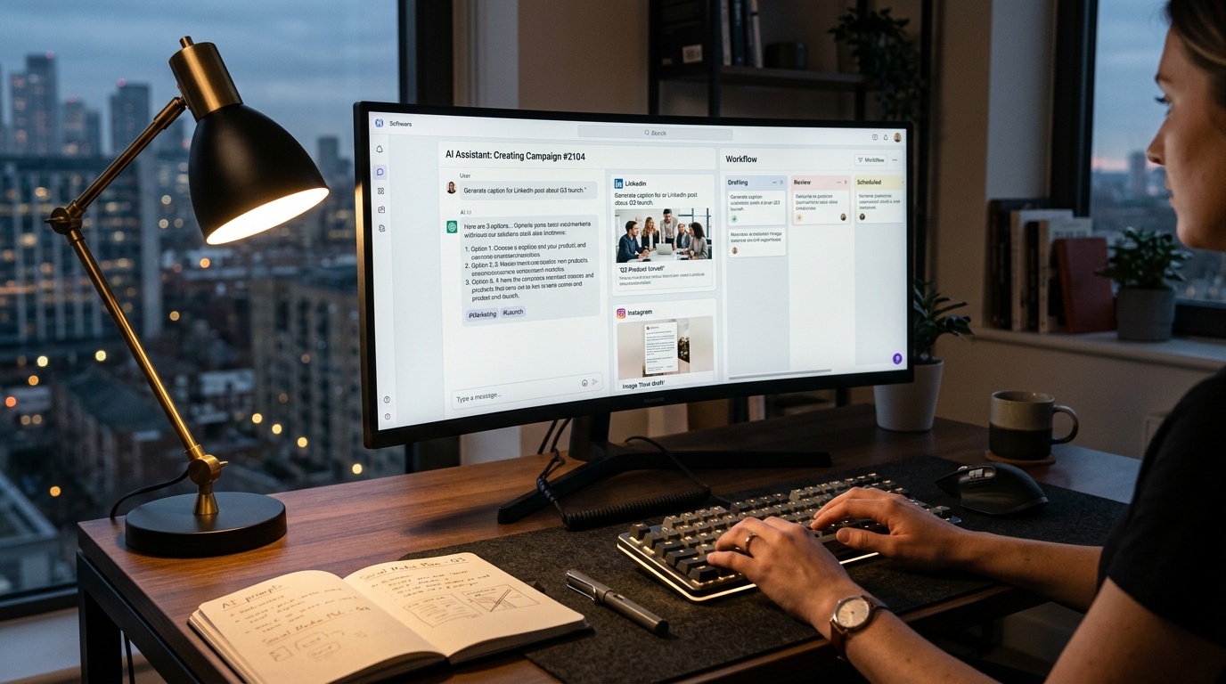 Sleek modern workspace with ultrawide monitor displaying AI chat integrated directly with social marketing workflows