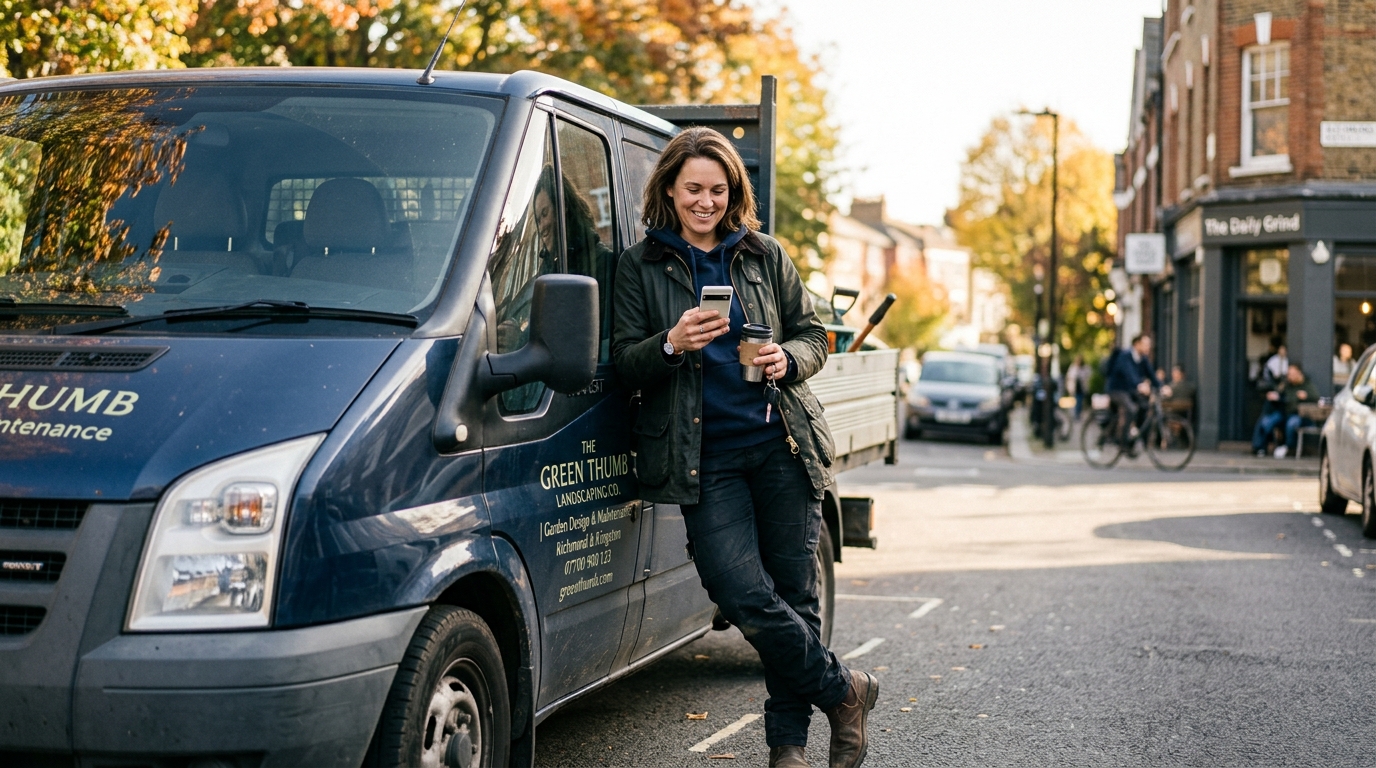 Small business founder leaning against a work van checking WhatsApp on a phone