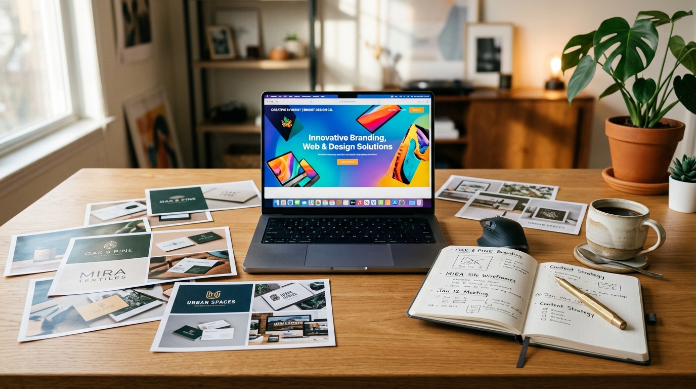 Modern creative workspace desk with open laptop showing live website and real client prints